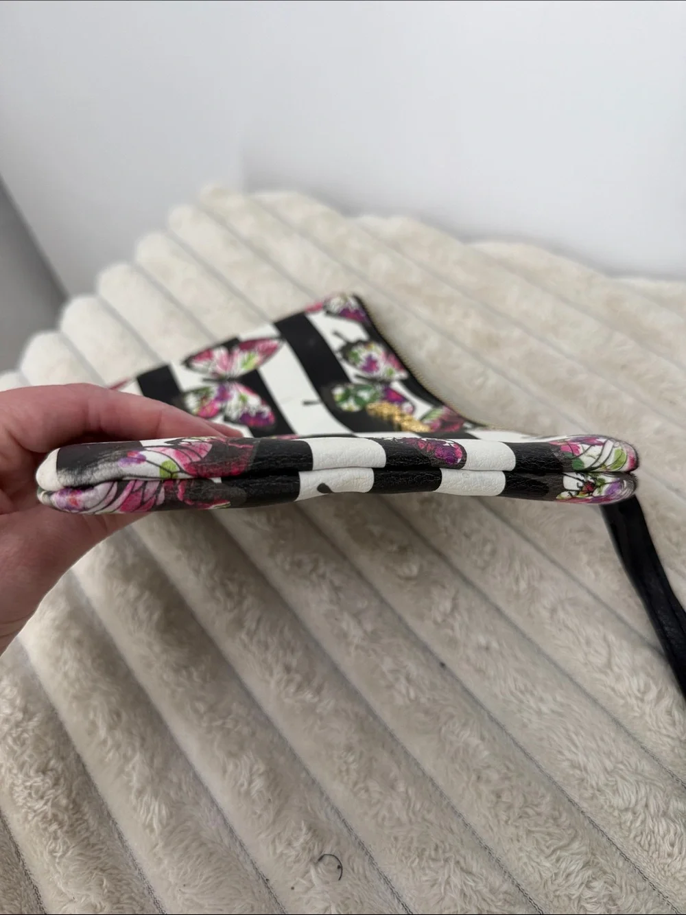 Betsey Johnson Butterfly Stripe Wristlet - Black & White with Pink Accents